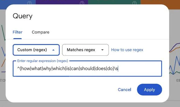 Search Console query filter set to Custom (regex), Matches regex, with the pattern ^(how|what|why|which|is|can|should|does|do)\s